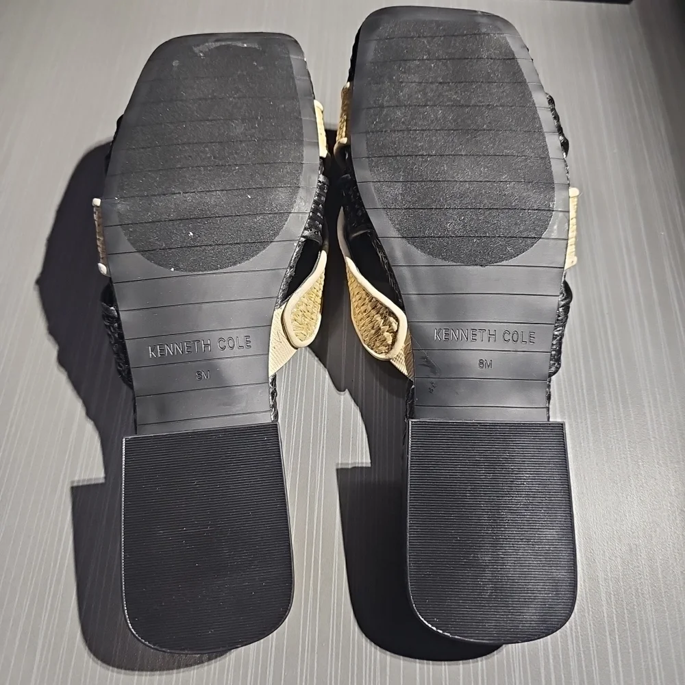Kenneth Cole Issa Raffia Two Tone Black Natural‎ Slides Sandals Women's 8M NEW